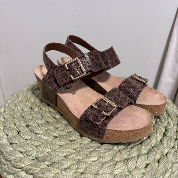 Mephisto Lissandra Brown Leopard Print Leather Slingback Wedge Sandals - Picture 3 of 11